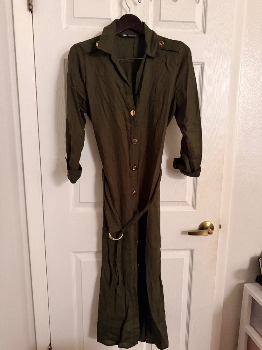 New Zara Green Linen Blend Dress with Gold buttons